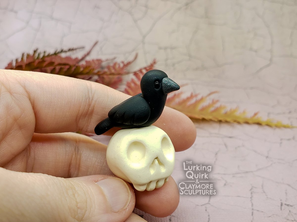 Mini Polymer Clay Crow Sitting on a Skull The Lurking Quirk