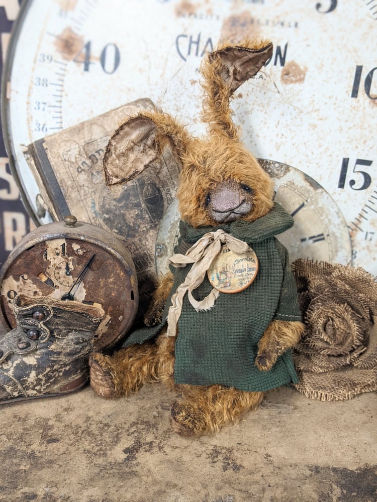 Image of Chocolate Marshmallow Rabbit - 14" - Vintage Style MOHAIR Rabbit in dolly coat by Whendi's Bears