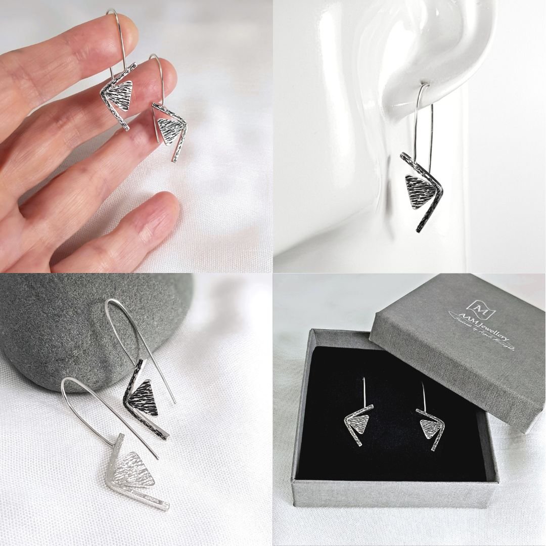 Image of Geometric Silver Earrings, Sterling Silver Triangle Earrings, Contemporary Handmade Jewellery