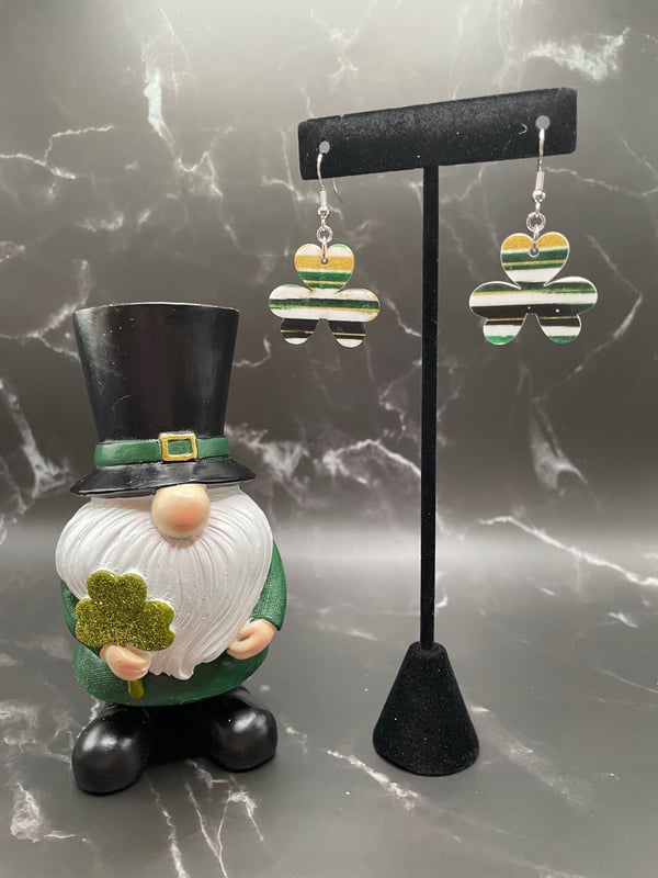 Image of Green and Gold Striped Shamrock Earrings