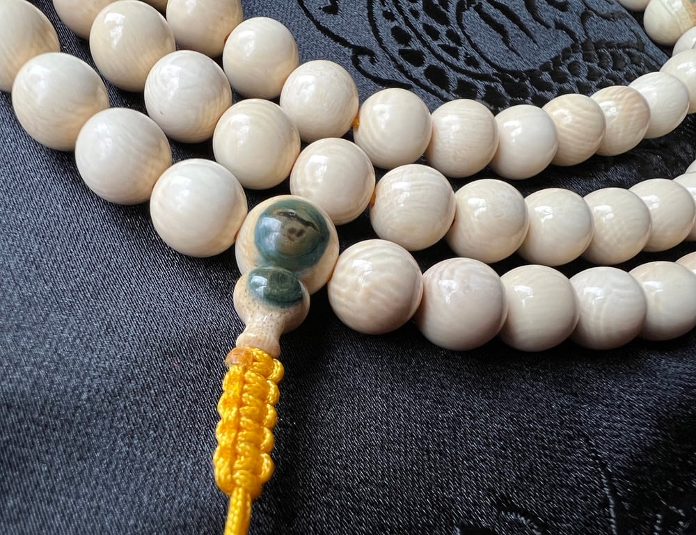 Image of Woolly Mammoth Ivory Buddhist Mala • 8mm •  Rare & Unique • Blue Spot Spacers & Guru Bead