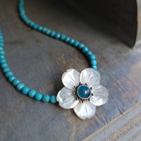 Image 1 of Pretty as a Spring Day - Carved Mother of Pearl Flower + Faceted Turquoise Necklace