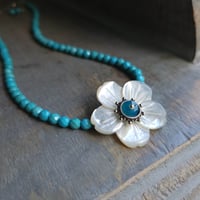 Image 3 of Pretty as a Spring Day - Carved Mother of Pearl Flower + Faceted Turquoise Necklace