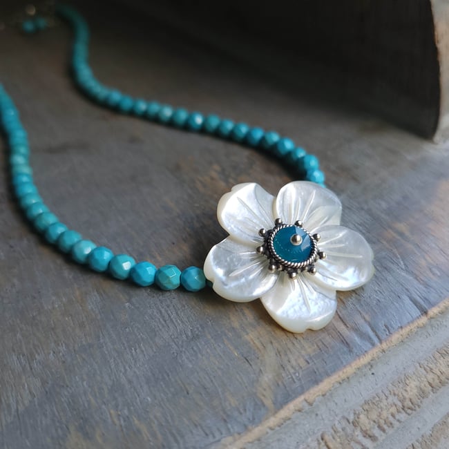 Pretty as a Spring Day - Carved Mother of Pearl Flower + Faceted Turquoise Necklace