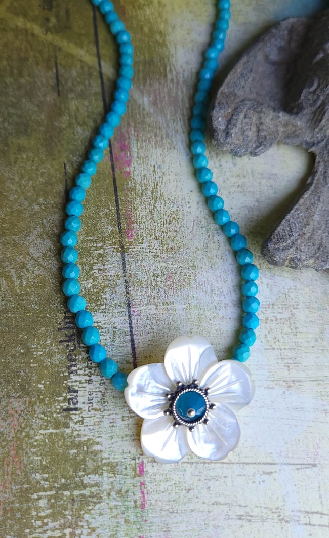 Pretty as a Spring Day - Carved Mother of Pearl Flower + Faceted Turquoise Necklace