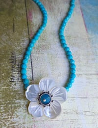 Image 2 of Pretty as a Spring Day - Carved Mother of Pearl Flower + Faceted Turquoise Necklace