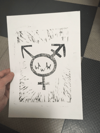 Happy Trans Symbol A5 Original Linocut Print 