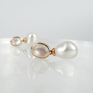 Image of 9ct rose gold, rose quartz and south sea pearl drop earrings. PJ5962