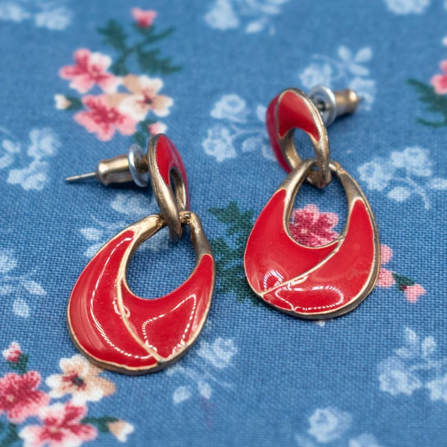 Gold Tone Red Enamel Double Oval Pierced Earrings