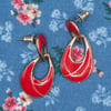 Gold Tone Red Enamel Double Oval Pierced Earrings