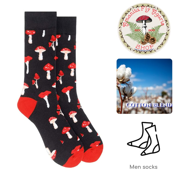 Image of 🍄 Amanita Men's Mushroom Socks - Black, Red & White - One Size - Cotton Blend