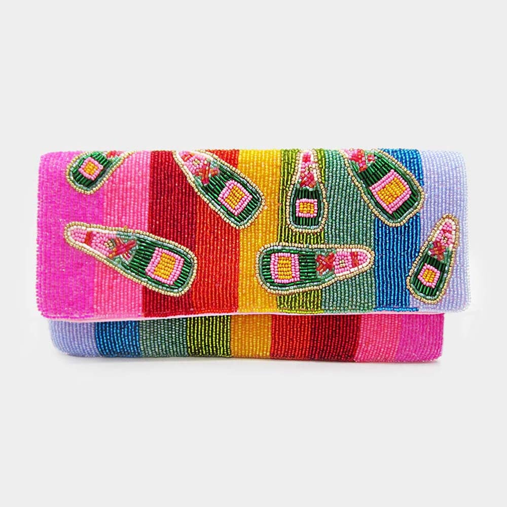 Image of Champagne Accented Rainbow Striped Beaded Clutch