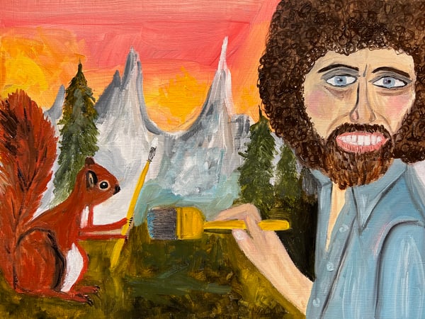 Image of Bob Ross teaches Peapod how to paint landscapes. Original oil painting.