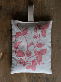 Image 1 of Strawberry linocut print lavender bag with william morris fabric in red