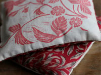 Image 2 of Strawberry linocut print lavender bag with william morris fabric in red