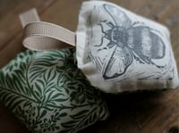Image 2 of Bumble bee linocut lavender hanger with William Morris fabric
