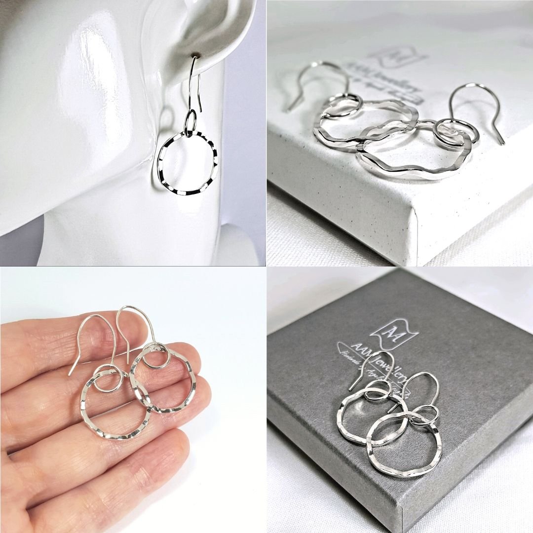 Image of Silver Dangle Hoops, Sterling Silver Hoop Earrings, Wavy Hoop Earrings, Handmade Solid Silver 