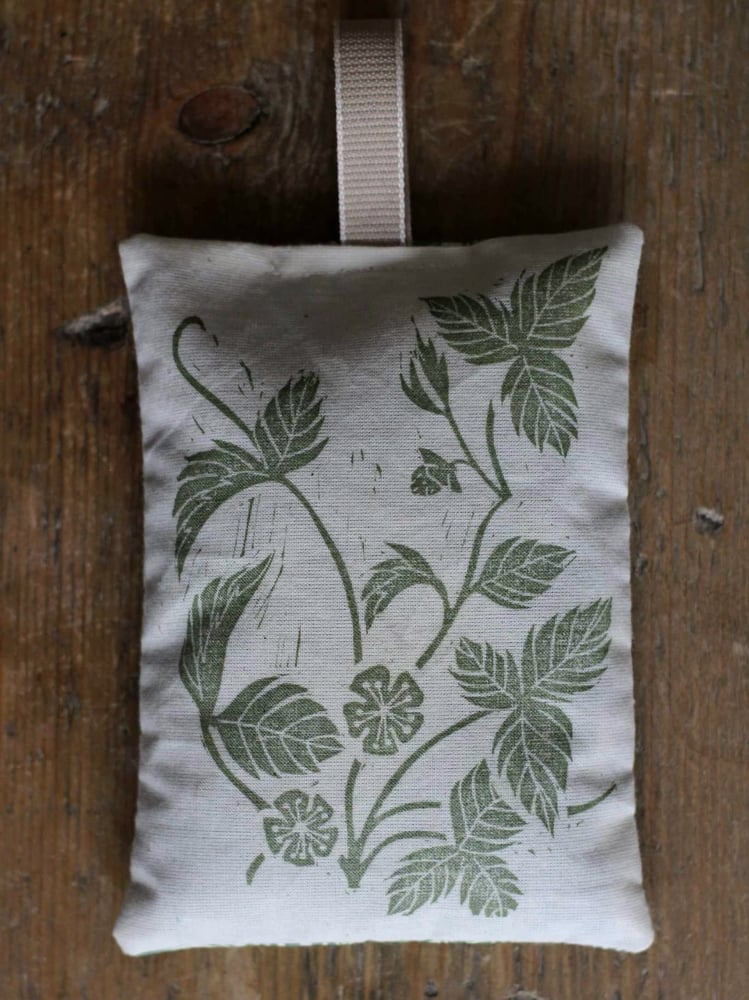 Image of Strawberry linocut print lavender bag with william morris fabric in green