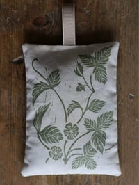 Image 1 of Strawberry linocut print lavender bag with william morris fabric in green