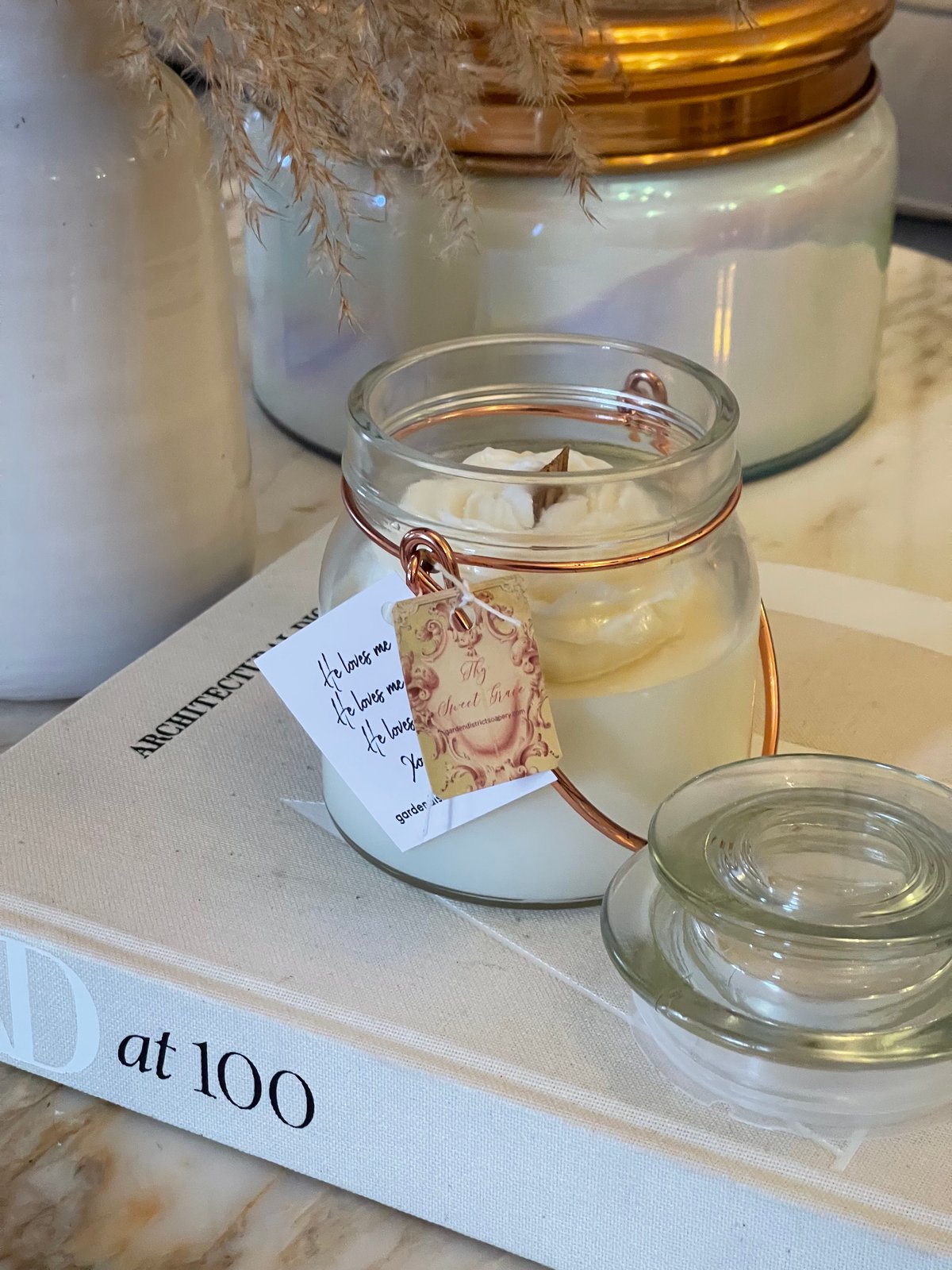 Thy Sweet Grace Bougie Fleurie Soy Candle in Lidded Rose Gold Handle Lantern 