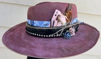 Image 2 of Handmade Torch Burned Wine Fedora Hst, Roses, Feathers & Pin-Up Girl