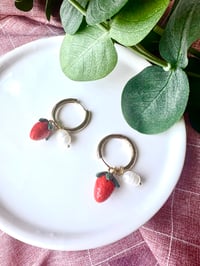 Clay Charm Hoop Earrings: Strawberry & pearls