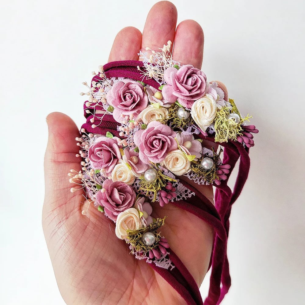 Image of headband cerise et fleur vieux rose 