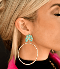 Gold Hammered Hoop Earring with Turquoise Flower Post