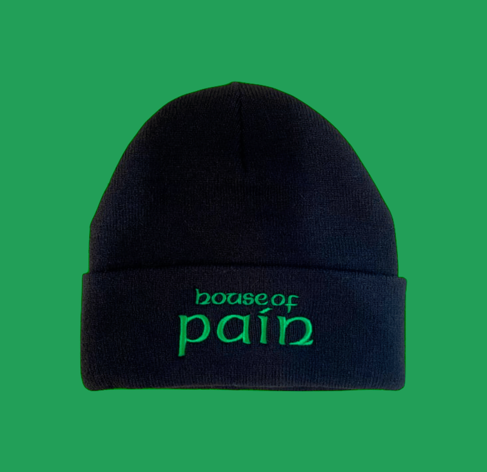 Image of House of Pain Old School Beanie. Black with embroidered green logo. ☘️