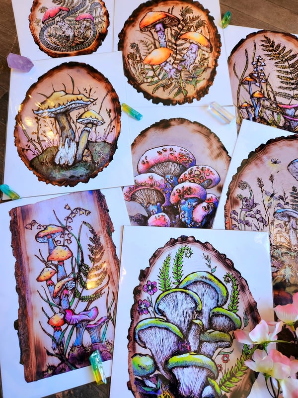 Image of Wood Burned Mushroom Art Prints 8.5x11 Inches