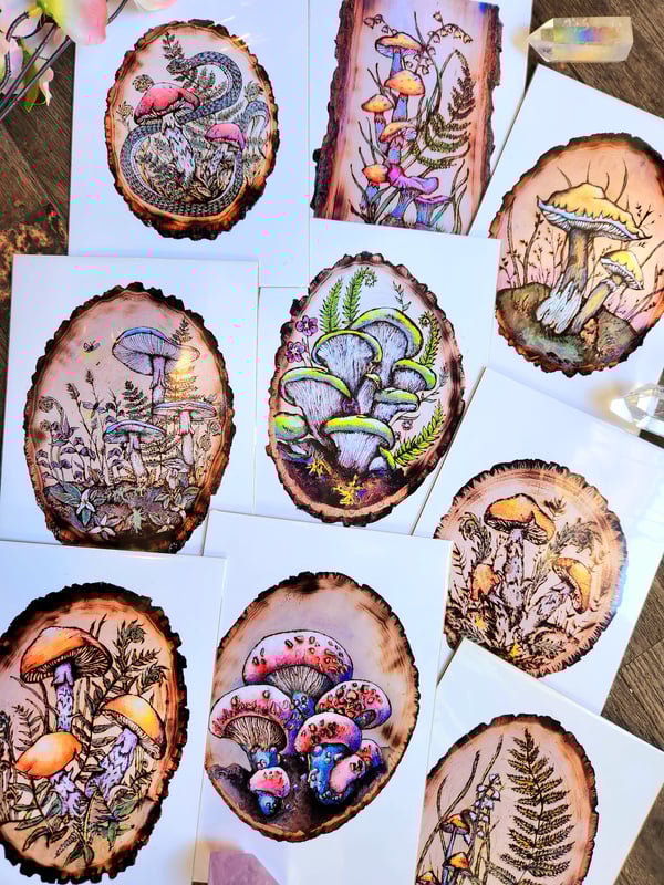 Image of Wood Burned Mushroom Art Prints 5x7 Inches