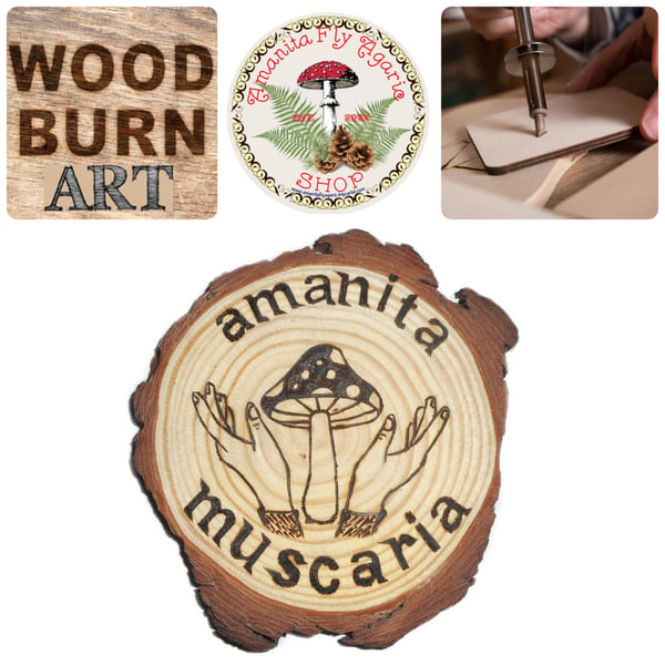 Image of 🍄 Amanita Magnet - Mushroom Praise - Wood Burning Art - Cottagecore - Natural 5" Inches