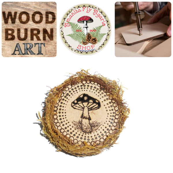 Image of 🍄 Amanita Magnet - Small Mandala Mushroom - Wood Burning Art - Cottagecore - Natural 2.5" Inches
