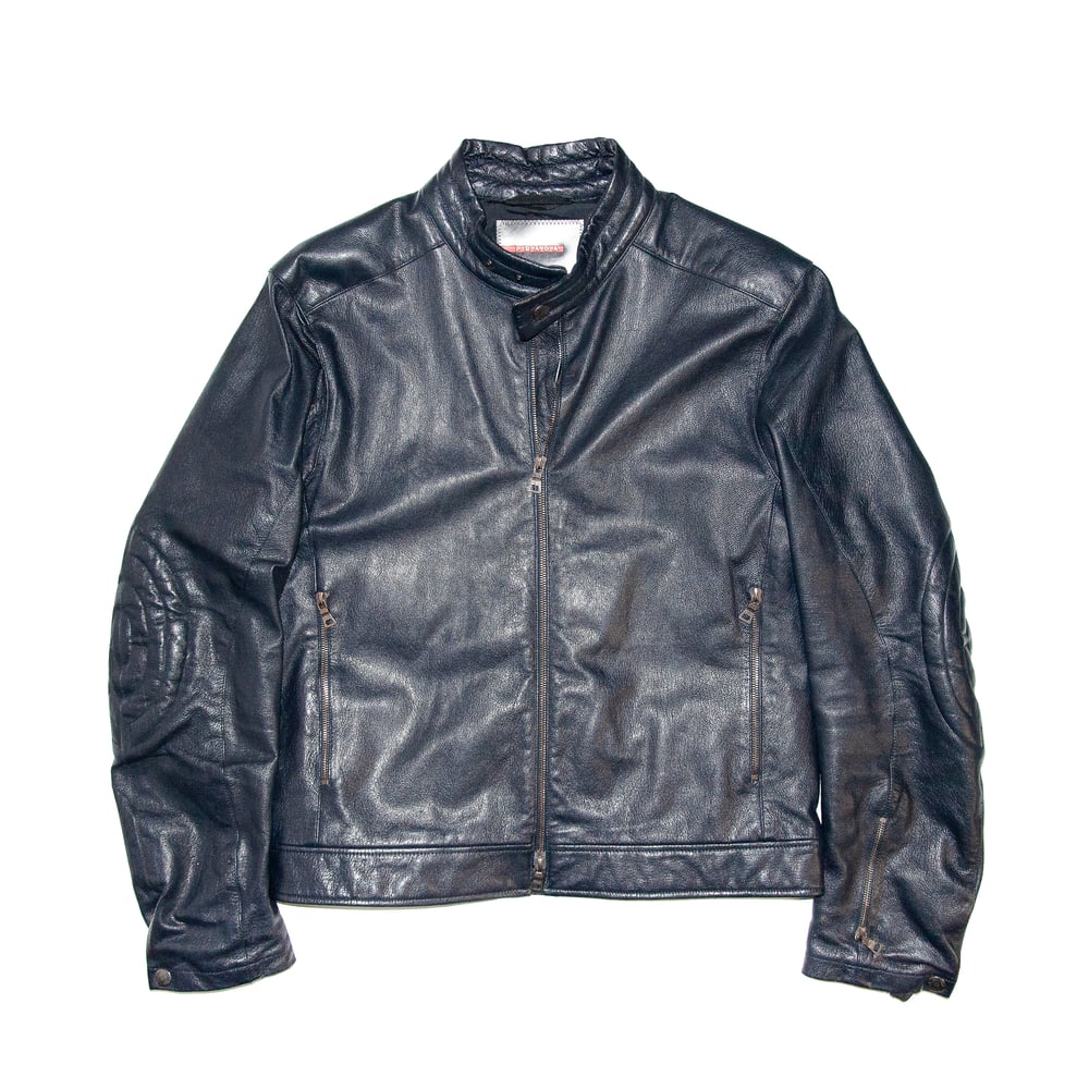 Image of Prada Sport Navy Leather Biker Jacket