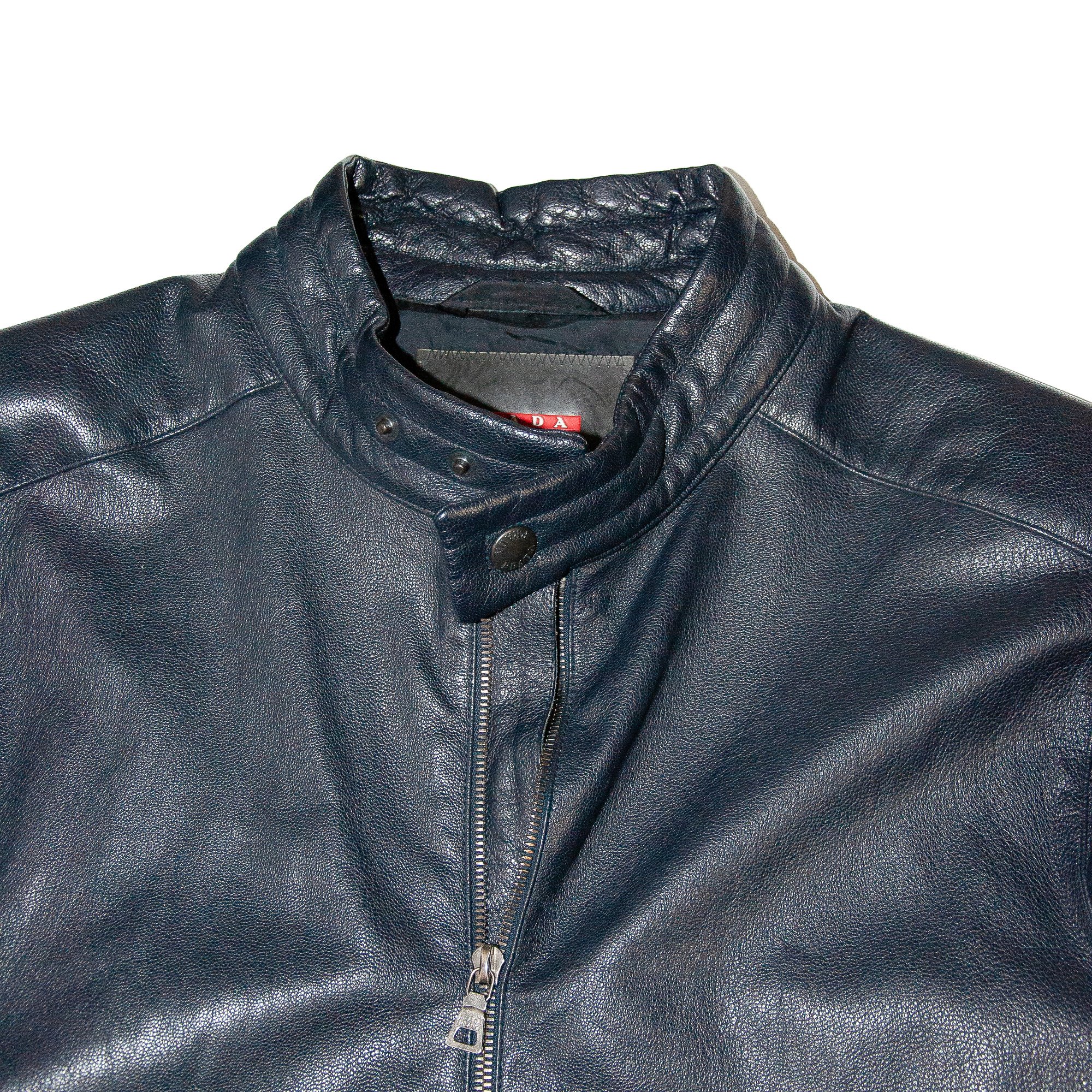Image of Prada Sport Navy Leather Biker Jacket