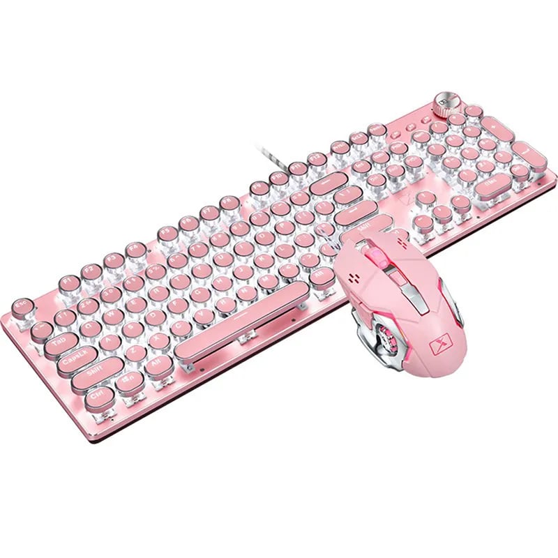 Image of Illuminate Your Gaming Setup: Pink LED Mechanical Keyboard & Mouse Combo with 104-Key Blue Switch