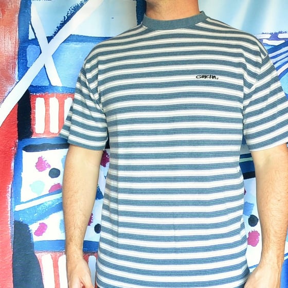 Image of Vintage 1990's Gotcha Surfing Blue Striped T-Shirt Sz.L
