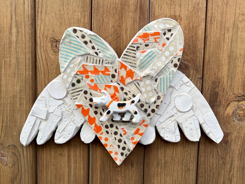 Image of Mosaic Winged Heart with Dog Figurine