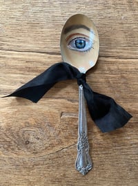 Image 1 of Lover's Eye oil painting on vintage spoon- Black ribbon