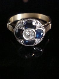 Image 1 of Art Deco Platinum 18ct sapphire and old cut diamond pave 4 leaf clover ring