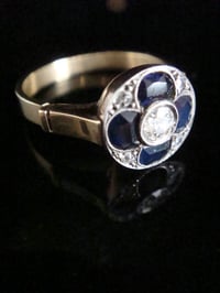 Image 2 of Art Deco Platinum 18ct sapphire and old cut diamond pave 4 leaf clover ring