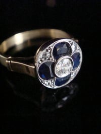 Image 3 of Art Deco Platinum 18ct sapphire and old cut diamond pave 4 leaf clover ring