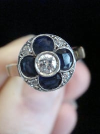 Image 5 of Art Deco Platinum 18ct sapphire and old cut diamond pave 4 leaf clover ring