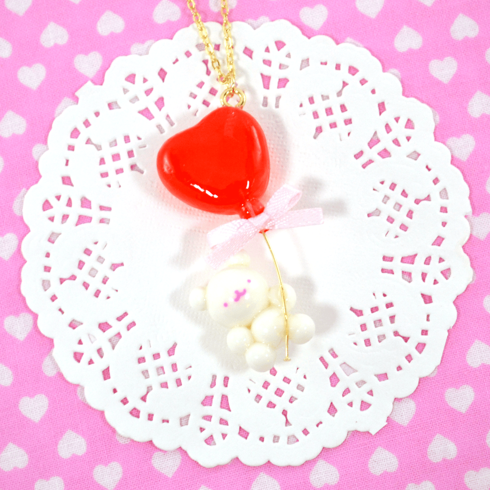 Heart Balloon Bear Necklace: Red