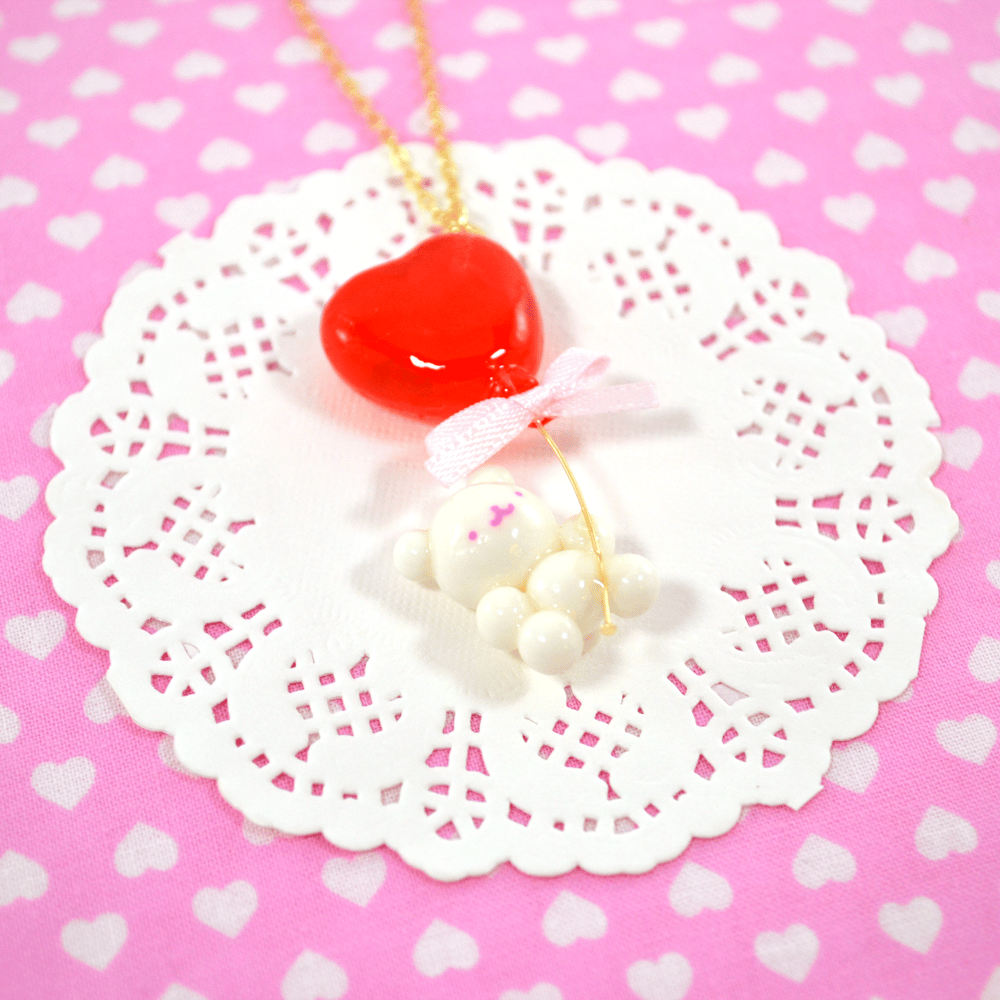 Heart Balloon Bear Necklace: Red