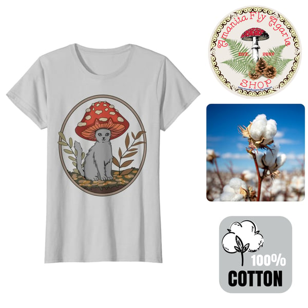 Image of 🍄 Amanita Women's Mushroom Cat T-Shirt - Light Grey - Medium - 100% Cotton - Cottagecore