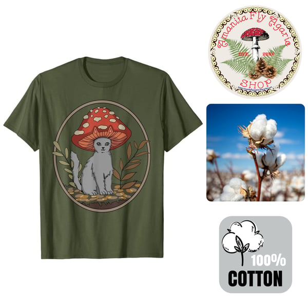 Image of 🍄 Amanita Men's Mushroom Cat T-Shirt - Olive Green - Large - 100% Cotton - Cottagecore