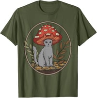 Image 2 of 🍄 Amanita Men's Mushroom Cat T-Shirt - Olive Green - Large - 100% Cotton - Cottagecore