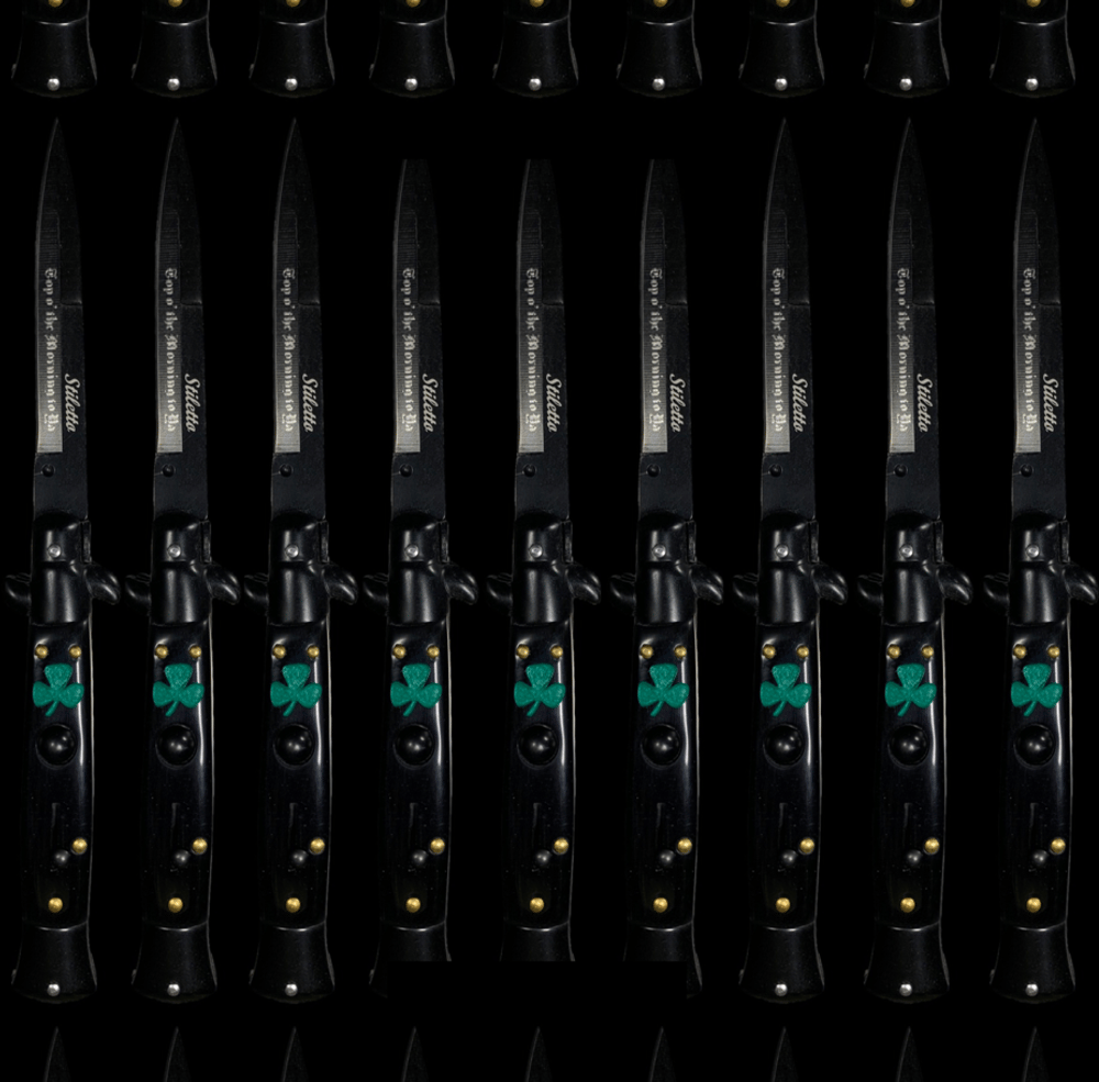 Image of Danny Boy's "Irish Toothpicks" 9-Inch Black Switchblade Stiletto Knife. ☘️
