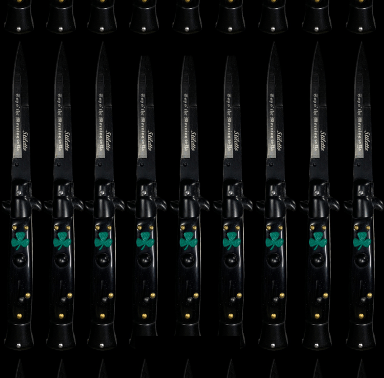 Image of Danny Boy's "Irish Toothpicks" 9-Inch Black Switchblade Stiletto Knife. ☘️